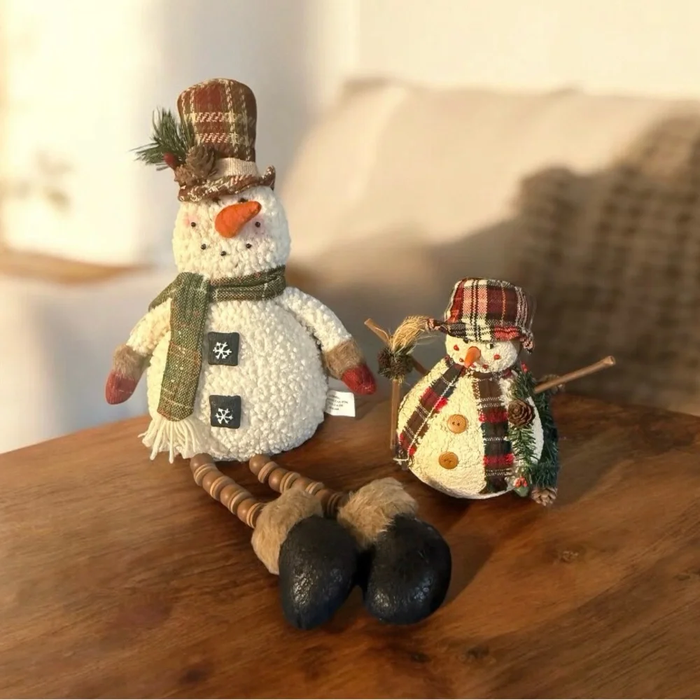 Stuffed Snowman Shelf Sitter Long Arms Beaded Legs Wreath Hat Scarf Buttons Lot